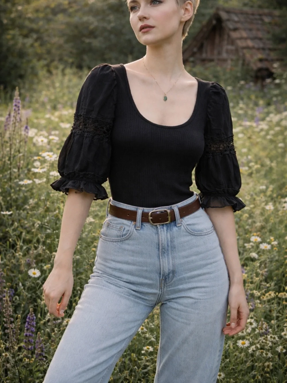 Free People Black Ribbed Puff Sleeve Crochet Detail Top XS Boho‎ Cottagecore